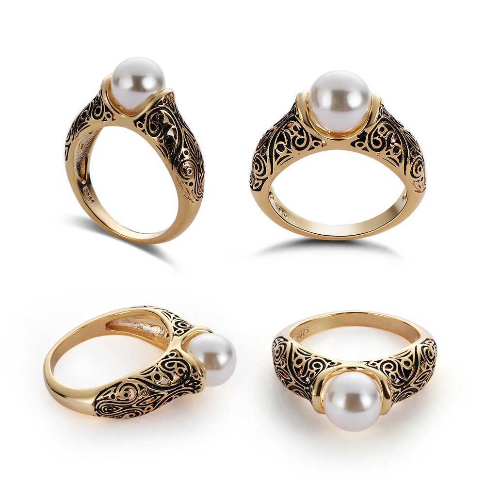 1 piece of fashionable retro inlaid white pearl ring gold-plated womens ring jewelry wedding ring engagement ring W240925