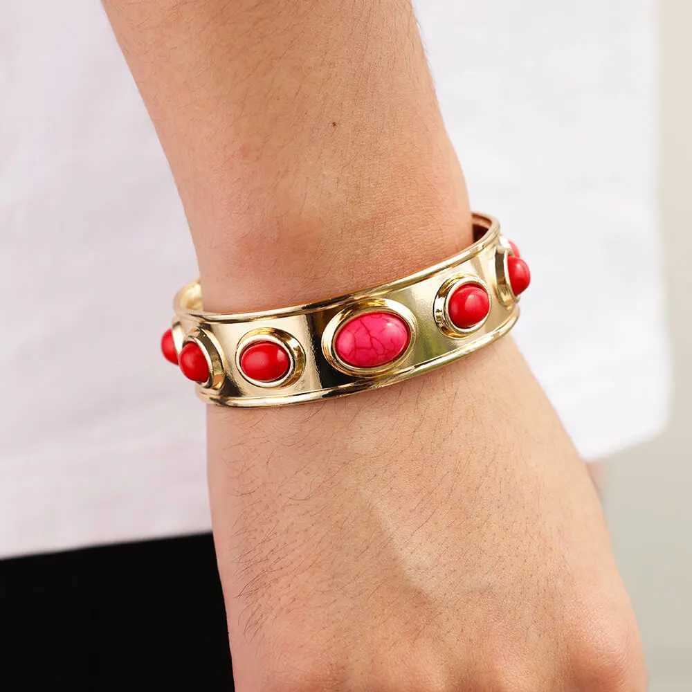 Fashion 316L Stainless SteelRed Turquoise Geometric Open Bracelet for Women Gold Color adjustable Bangle Jewelry Party Girl GiftX240925