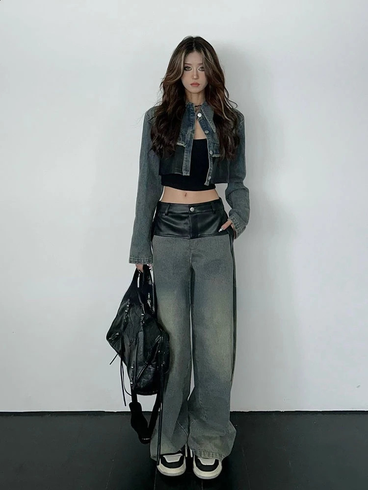 Fashionable retro blue long sleeved denim jacket for womenY2k E- high waist loose wide leg pants spring two-piece set 240919