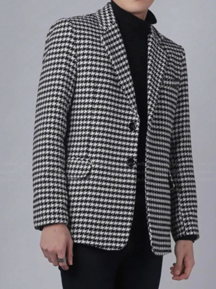 Plaid Men's Blazer with Two Buttons 1 Pc Business Suit Jacket Notch Lapel Houndstooth Male Fashion Coat