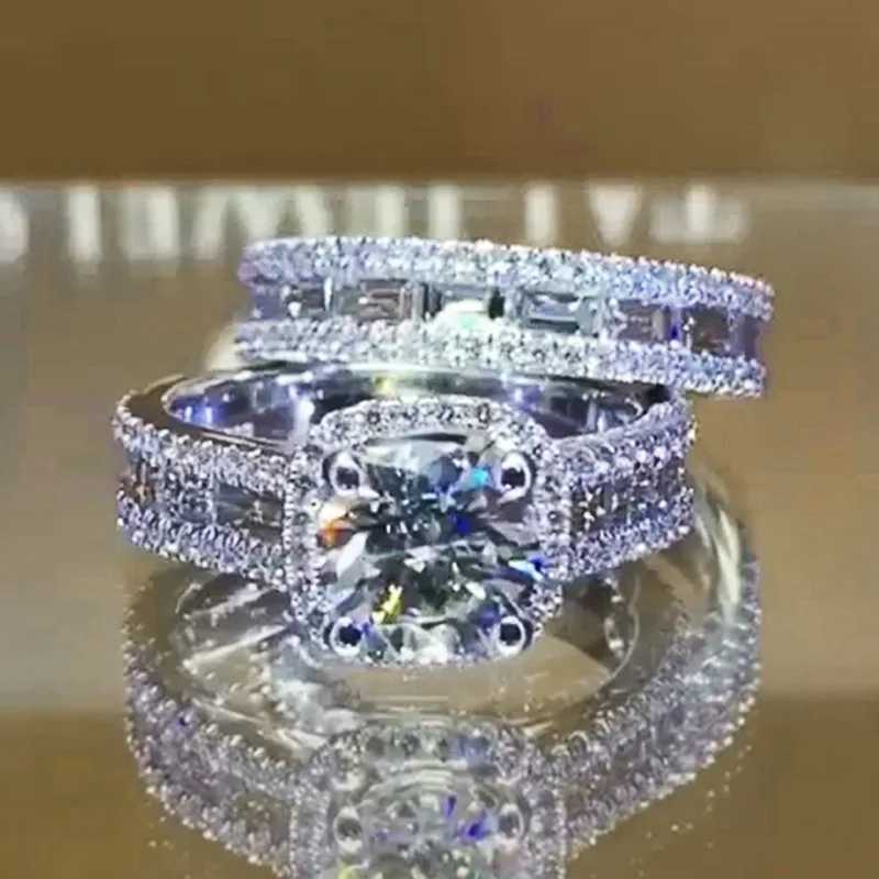 Huitan Trendy Jewelry Set Ring Womens Wedding Eternal Band Ring Double Stacked Design Luxury Silver Girl Accessories W240925