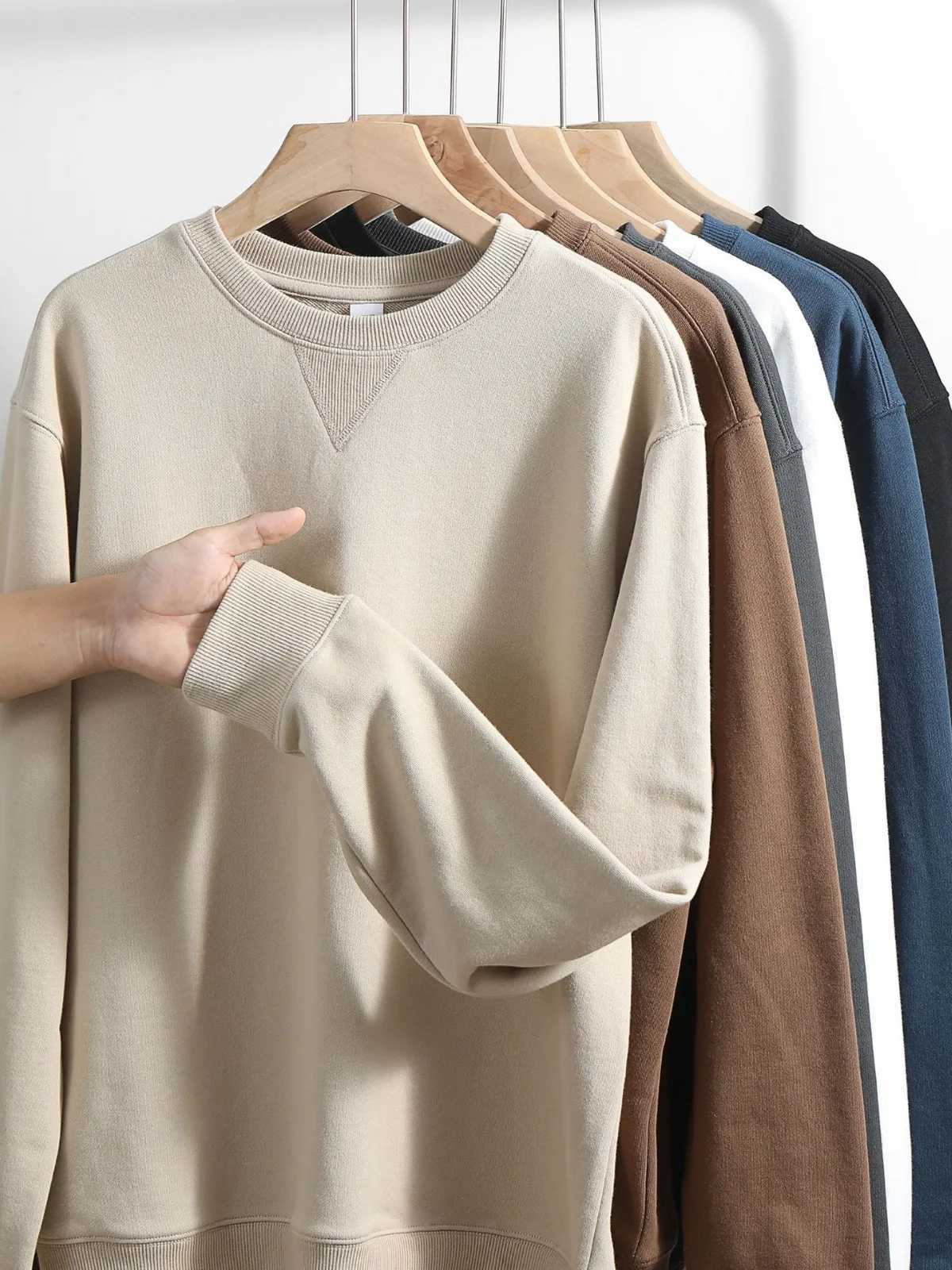 13.4oz Autumn Winter Couples Sweatshirts Pure Cotton Solid Retro Round Neck Sweater Top Mens Simple Pullover Casual SportwearX240925