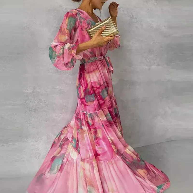 Spring Long-sleeved Floral Print Boho Dress Women Elegant V Neck Pleated Long Dress Summer High-waisted Belted A-Line Maxi Dress M240924
