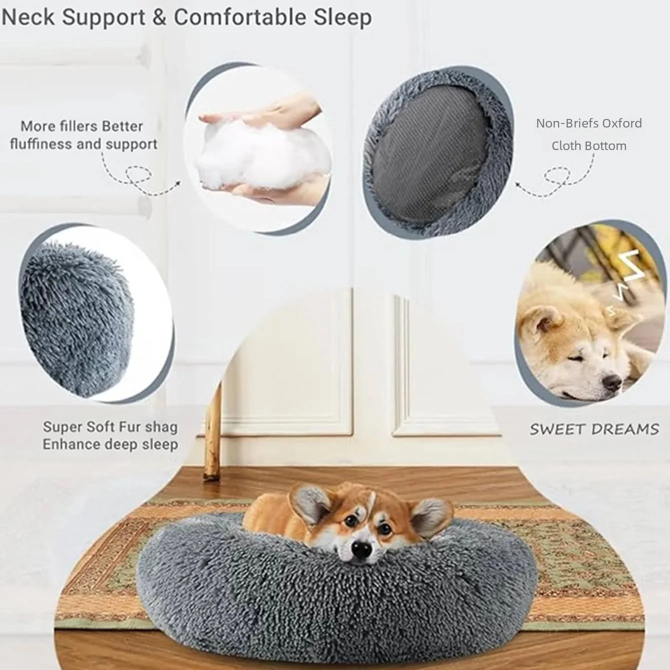 40-90cm Round Pet Large Super Soft Cat Bed Long Plush for Medium Dog House Winter Warm Sleeping