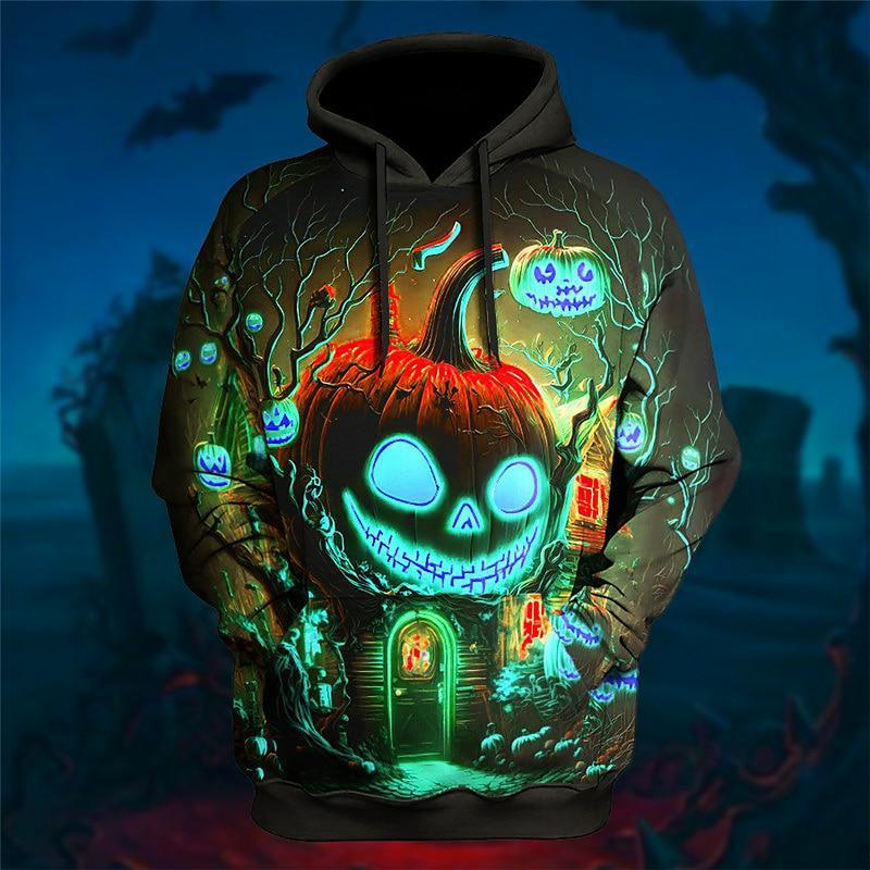 Men's 3D Pumpkin Printed Casual Pullover Hoodie, Soft Fleece Sweatshirt for Fall Season dh910320090
