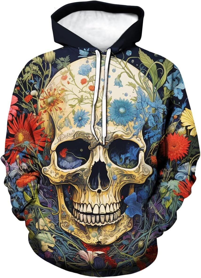 Hoodie for Mens Womens Novelty Skull Rose Graphic Hoodie For Men 3D Printed Hoodies Casual Pocket Pullover Graphic Hoodies sweatshirt Pullover Long Sl