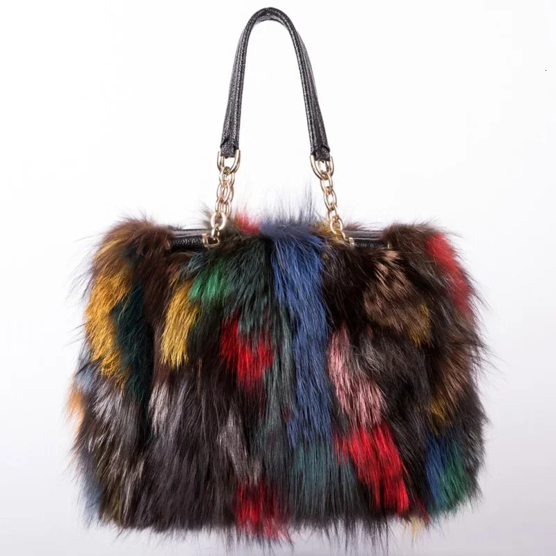 Real Fox Fur Women Tote Shoulder Winter Evening Party Bag Ladies Purses And Handbags
