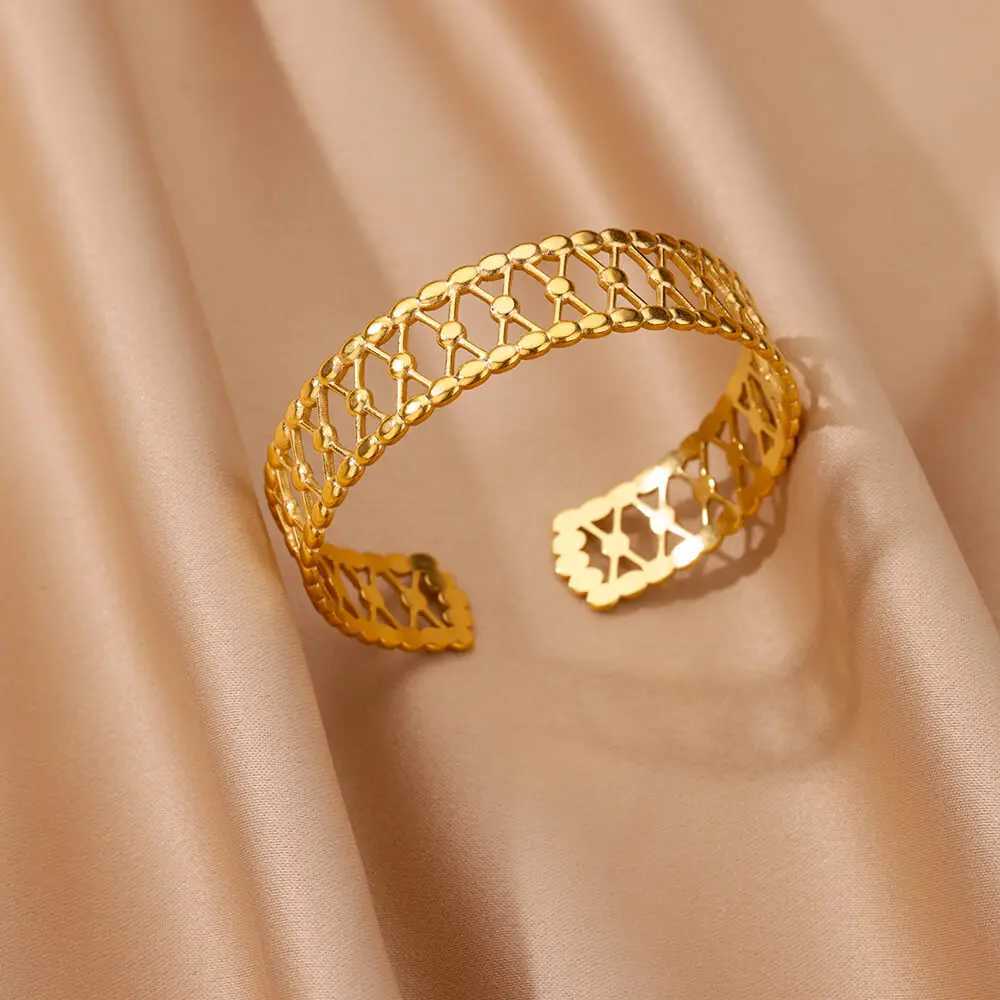 New In Stainless Steel Bangles for Women Luxury Gold Color Geometric Open Cuff Bracelet femme Vintage Wedding Jewelry GiftX240925