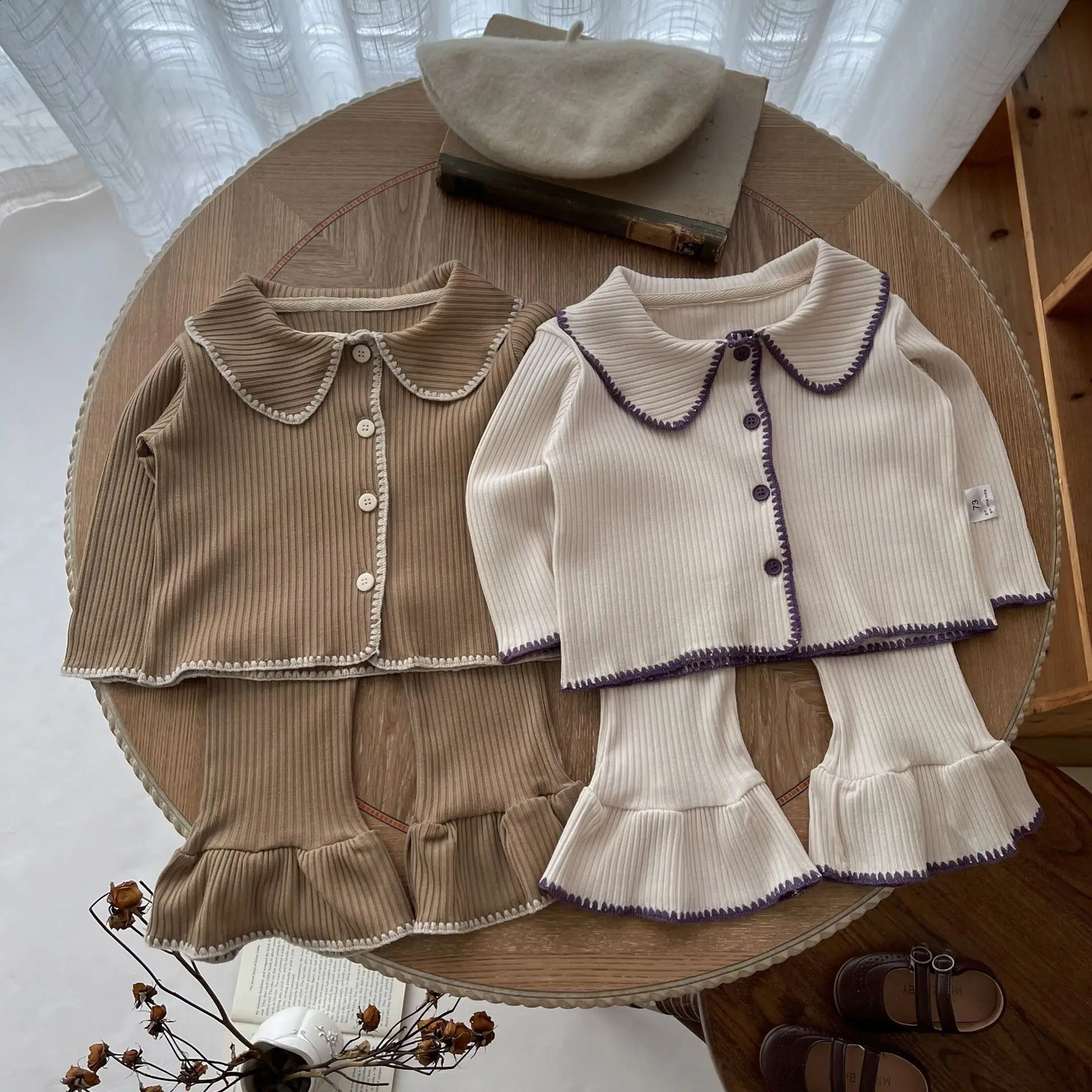 7467 Baby Clothing Set Autumn Shell Knitted Split Comparison CardiganBell Bottom Casual Girls Two Piece 240925