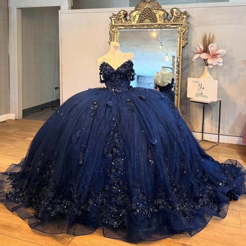 Navy Blue Shiny Quinceanera Dress Off The Shoulder Mexican Lace Beads Tull Vestidos De 15 Anos Princess Sweet 16 Birthday XV Ball Gown