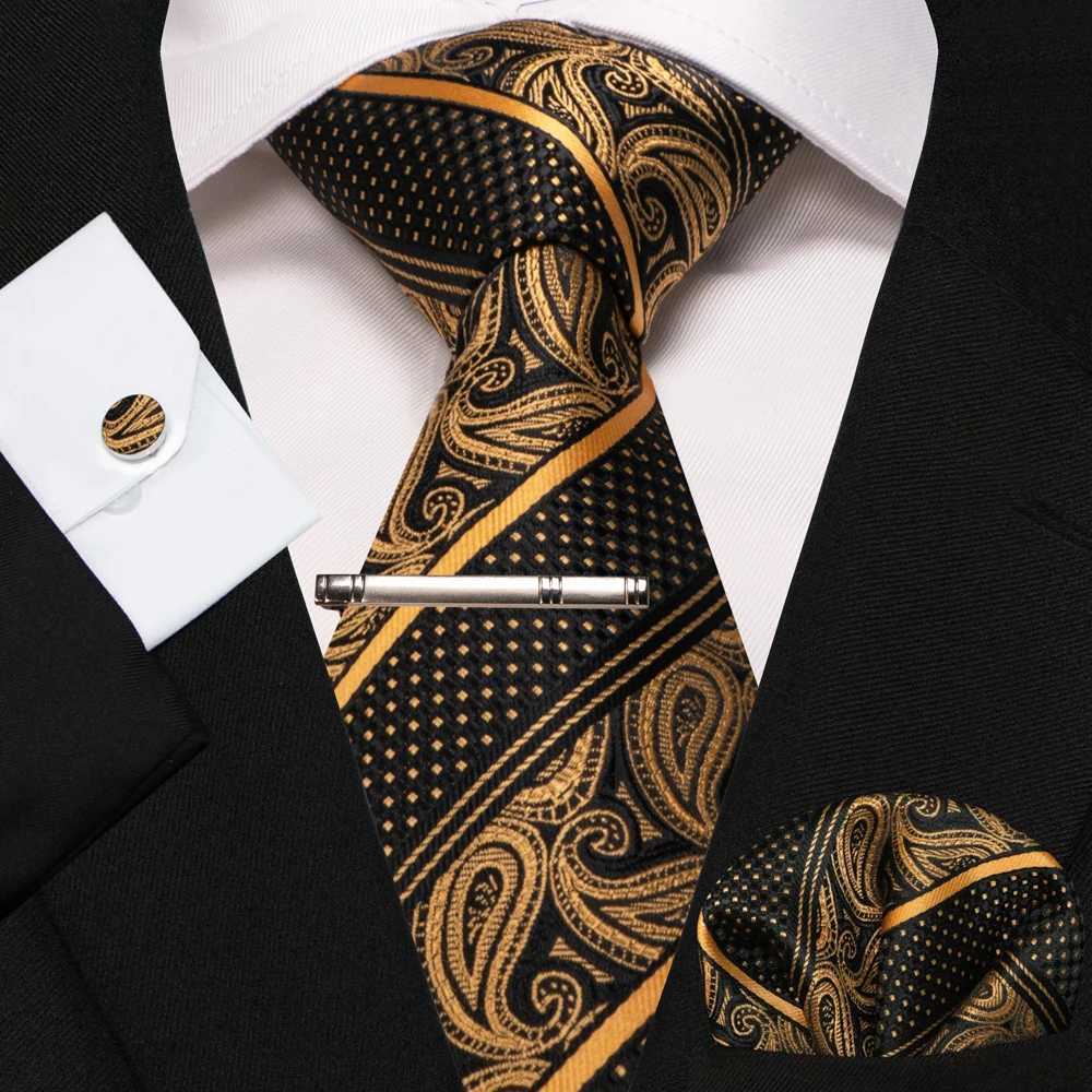 KAMBERFT New Classic Silk Mens Tie Red Gold Stripe Mens Tie Handle Cufflinks Set Wedding Business Party Gravatas Y240925