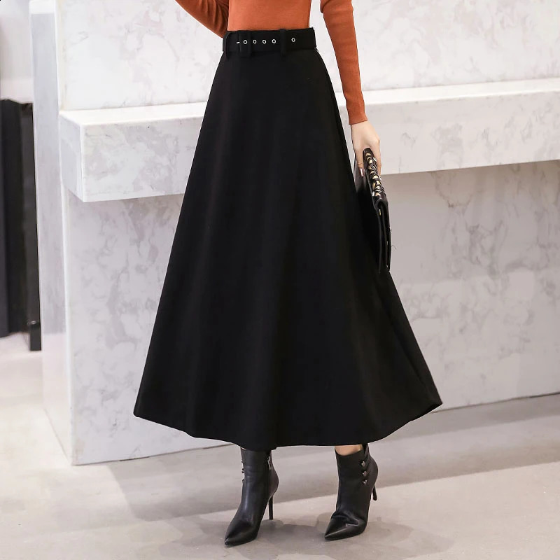 Winter Wool Maxi Womens Retro Long Skirt with High Waist Fashion Street Clothing A-line Solid Jupe Womens 240924