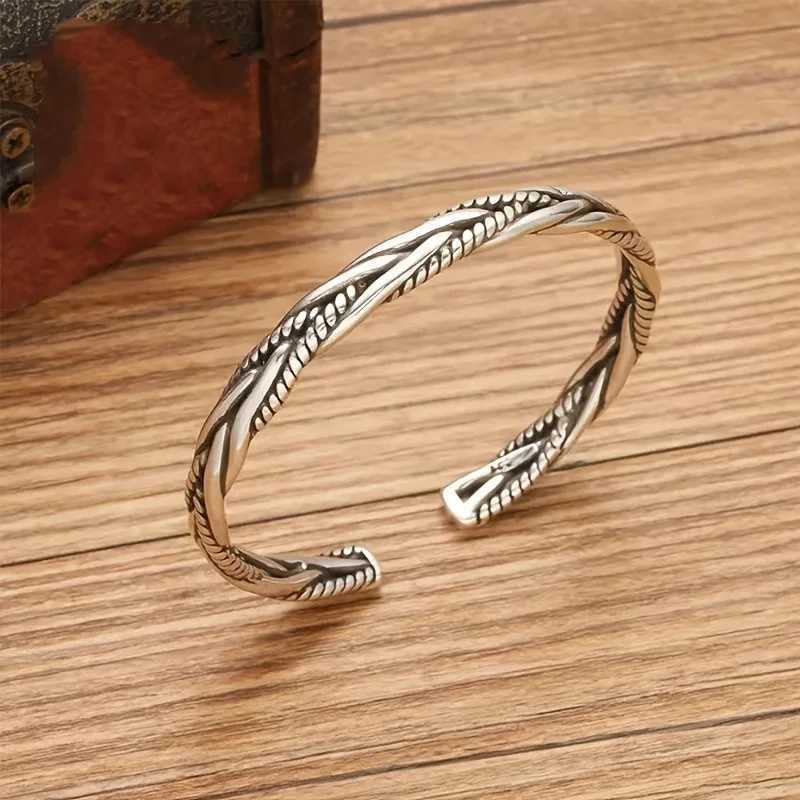 One European and American Antique Silver Bracelet Male and Female Personality Fried Dough Twists Opening Adjustable BraceletX240925