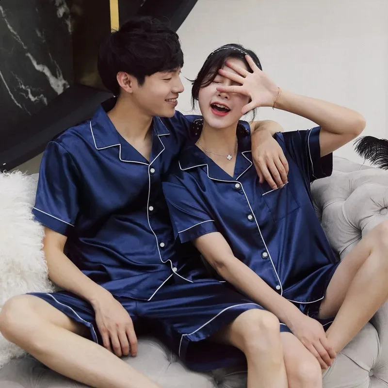 Solid Color Sleepwear Silk Satin Pajamas Couple Set Short-sleeved Pyjamas Suit Pijama Women Men Loungewear Plus Size Pj Set 240925