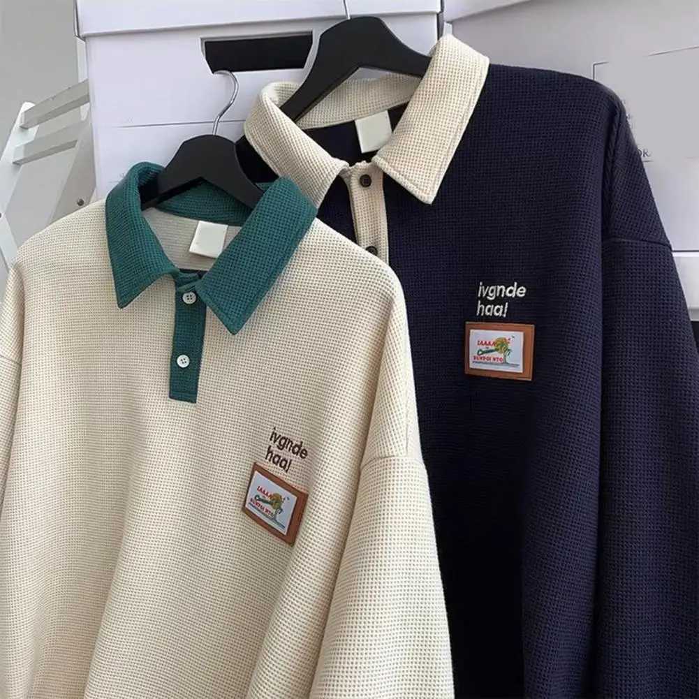 Men Spring Autumn Loose Sweatshirt Lapel Buttons Neckline Long Sleeve Pullover Tops Print Waffle Texture Sport TopsX240925