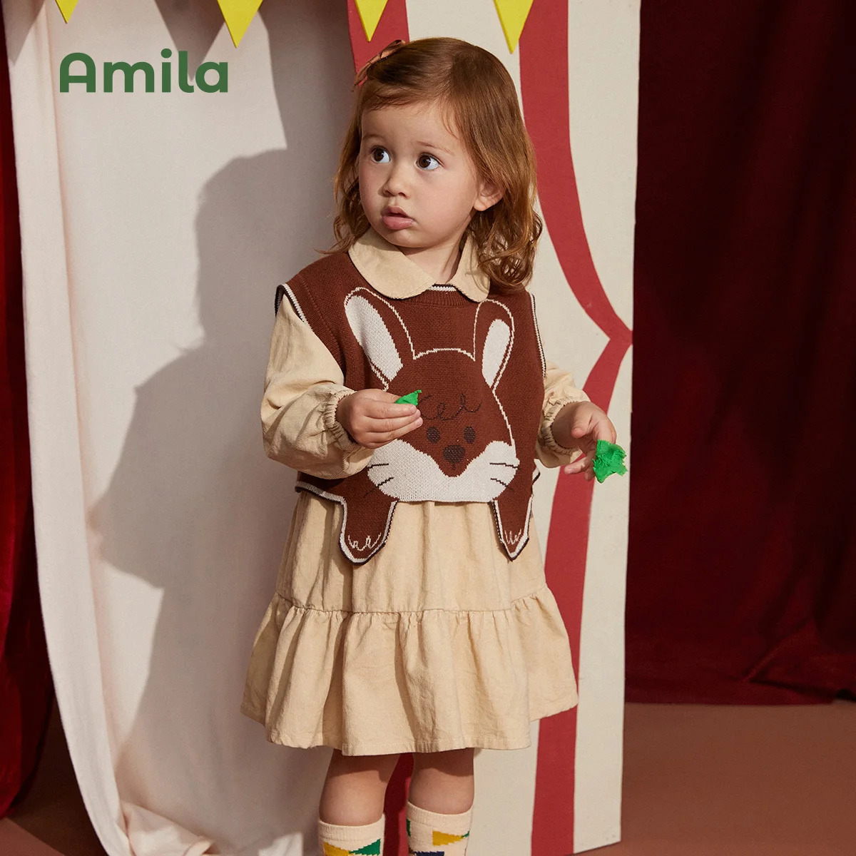 Amila Baby Girl Two Piece Dress Set Spring Cute Rabbit Cartoon Knitted Vest Academic Casual Childrens Clothing 240925