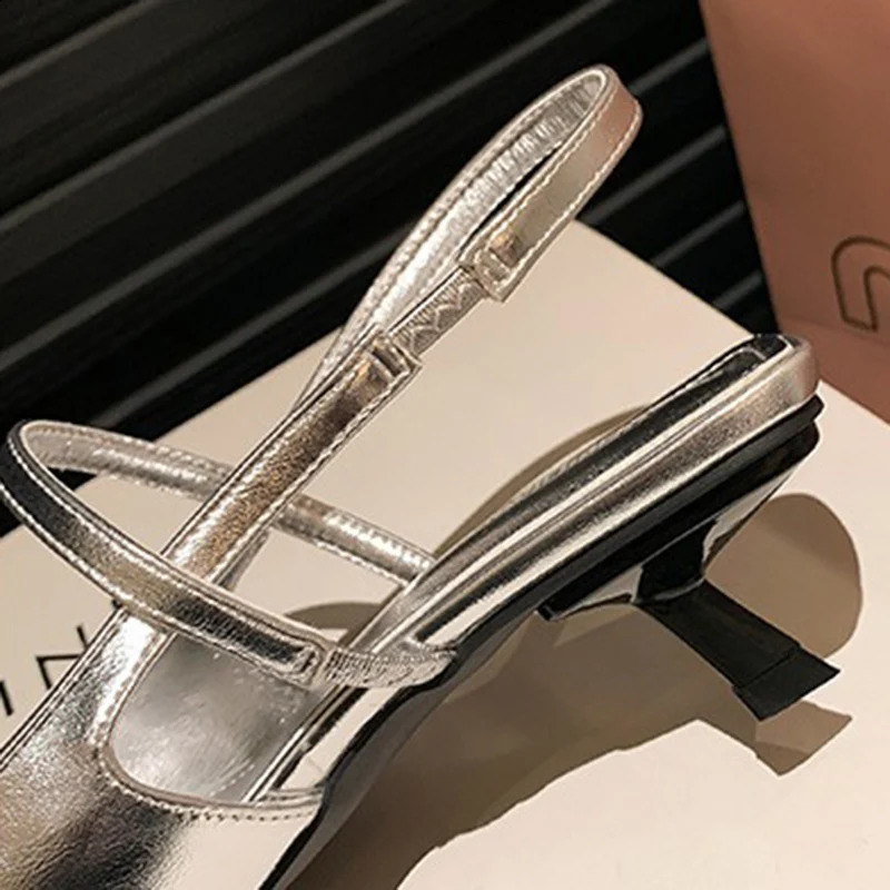 Summer Lady 5cm Thin Heels Fashion Sandals Women Silver Holographic Sandles Female Elastic Pointed Toe Slip On Shoes 240921