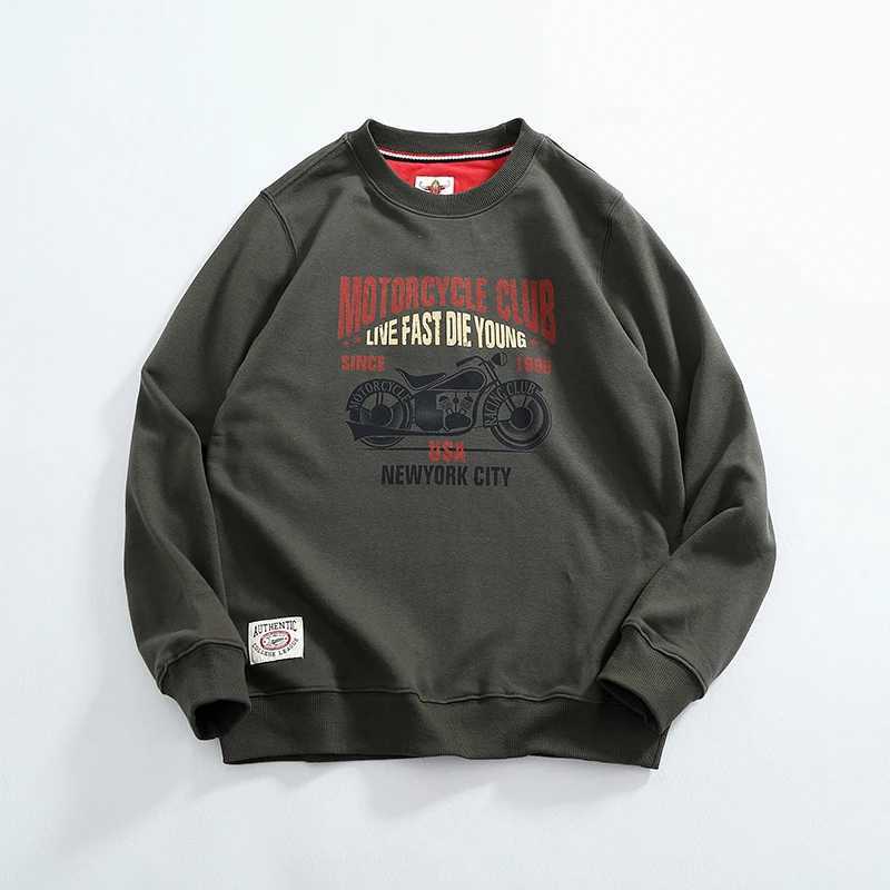 Vintage motorcycle printing thick texture hoodie mens round neck knitted wool circle cloth base shirt top tideX240925