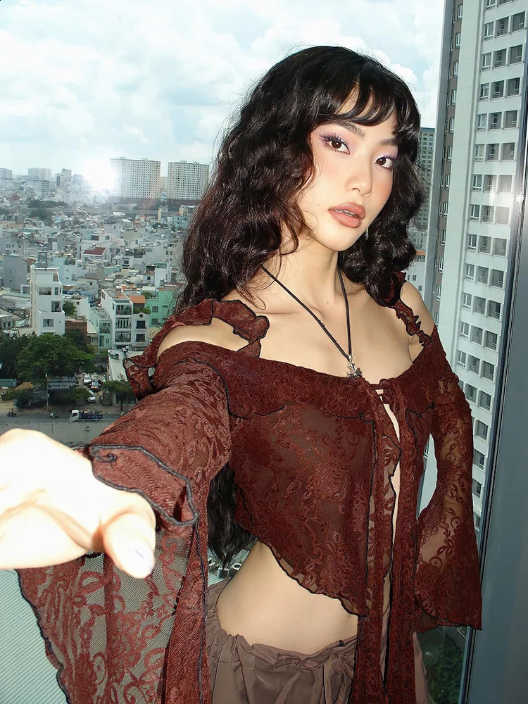 IAMSURE Vintage Solid Ruffles Lace Split T Shirt See Through Sexy Slim Slash Neck Long Butterfly Sleeve Tees Women Summer 240925