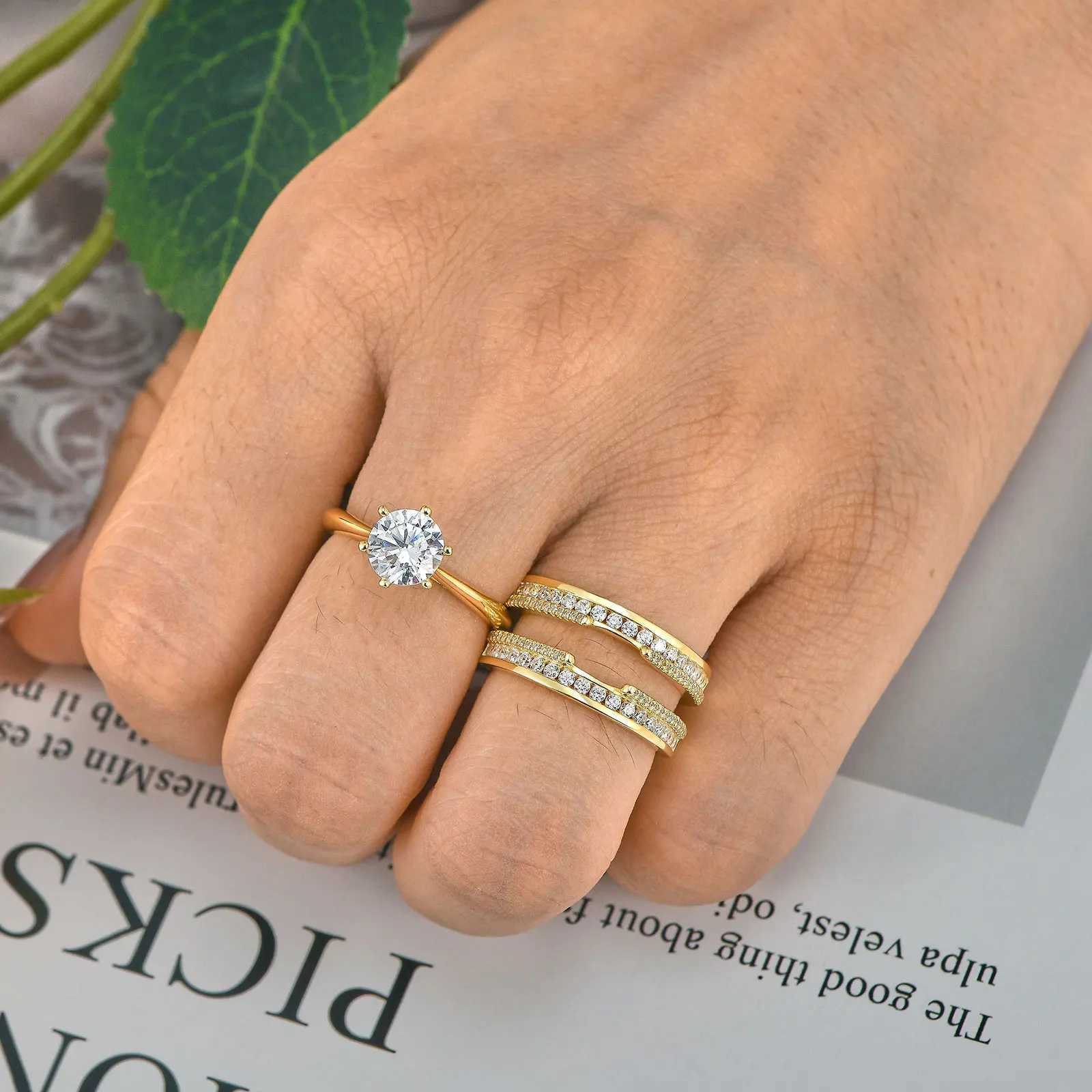 News 925 sterling silver yellow K-gold ring womens round AAAA cubic zirconia engagement ring bride enhancement set jewelry W240925