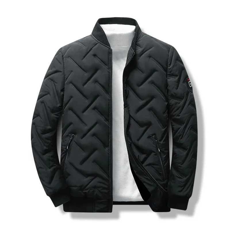 New mens apron quilted jacket solid color long sleeved collar fashionable zipper jacket autumn and winter warm mens clothing Y240925