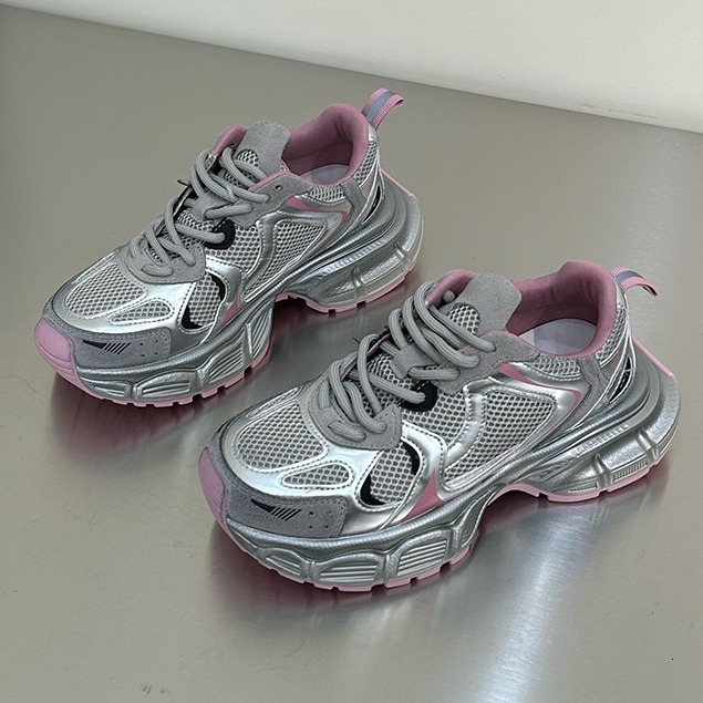 Soft leather breathable silver dad shoes, women's 2024 spring/summer lightweight thick soled sports shoes, trendy and versatile, height increasin