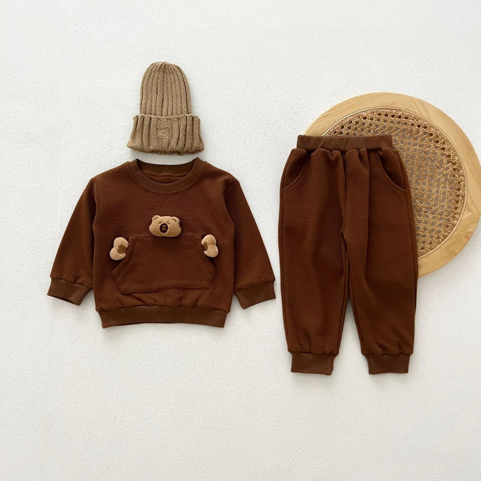Korean Autumn Baby Boy 2PCS Clothing Set Cartoon Bear Pocket Waffle Zipper Cotton Pants Preschool 240925