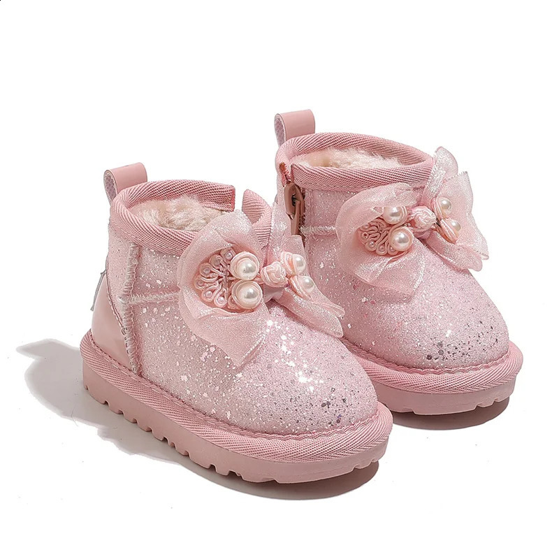 Winter Baby Snow Boots Suitable for Girls Sparkling Bow Warm Plush Childrens Shoes Fashionable Preschool EU 1625 240925