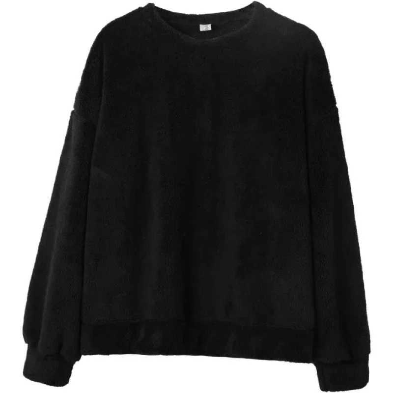 Autumn Winter Dull Black Sheep Velvet Sweatshirt Loose Fit Round Neck Student Couple Look Fleece Lined Thickened Jacket TrendyX240925