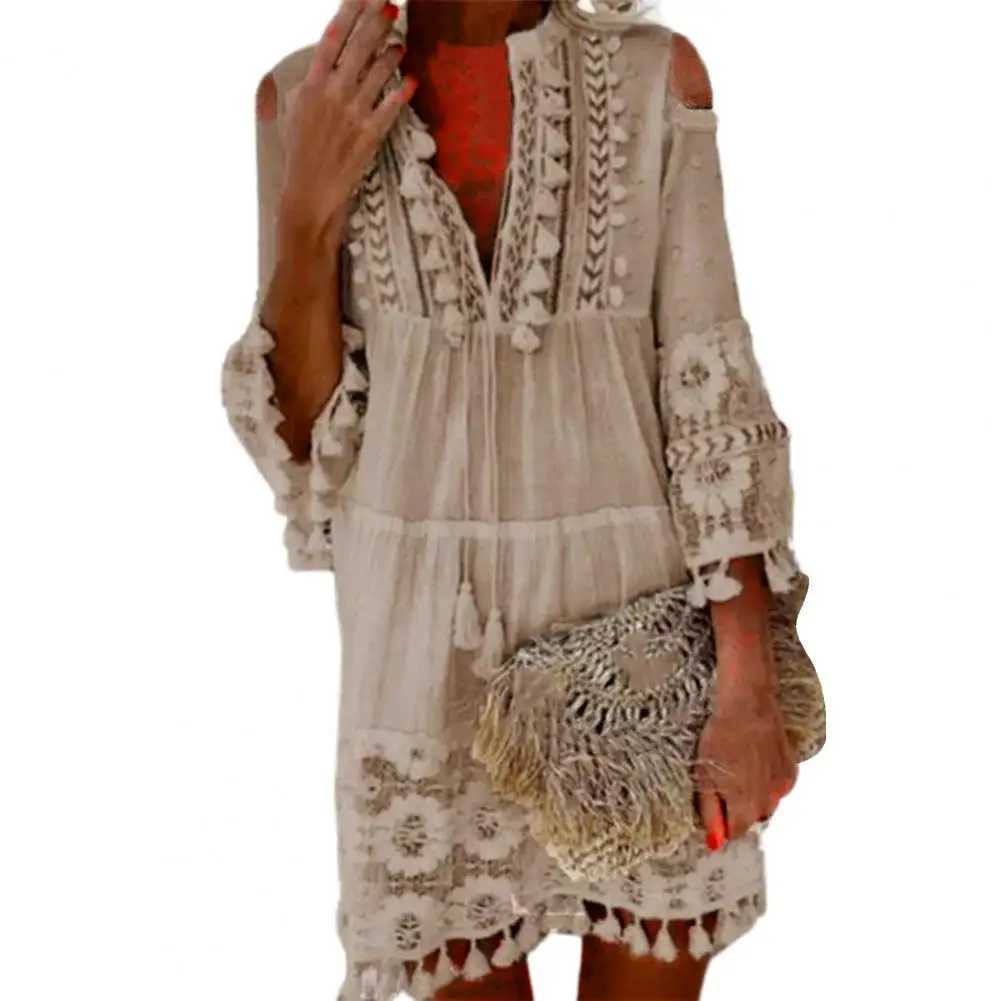 Sexy Womens Shift Dress Long Sleeve Tassel Fringe Lace Robe Strapless Deep V-Neck Female Summer Casual Boho Vacation Dresse M240924
