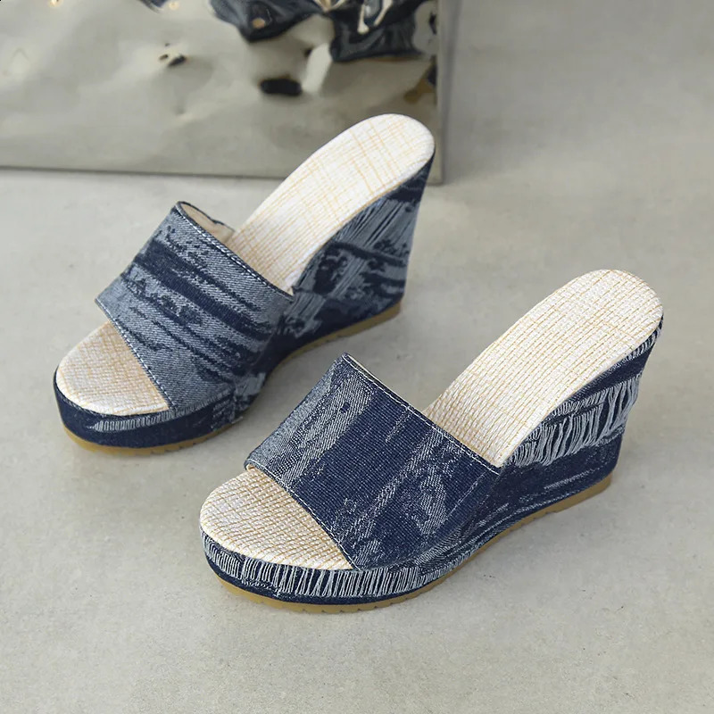 Slippers Women Summer Shoes Big Size On A Wedge Pantofle Slides Platform Heeled Mules Fashion Low Denim High Luxury PU Rome 240924