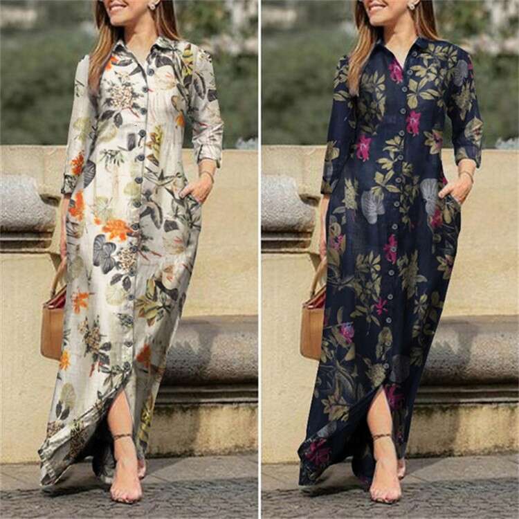 Women's holiday casual lapel sleeved robe ral printed cotton dress button shirt long