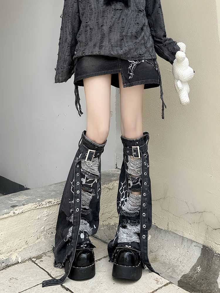 Other Fashion Accessories REDDACHiC Retro Gray Destroyed Leg Warmers Women Belted Frayed Silver Glitter Knee Long Denim Boots Cover Lolita Gothic Clo 