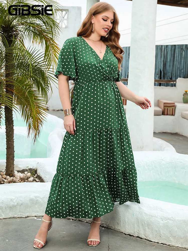 GIBSIE Plus Size Polka Dot V-Neck Butterfly Sleeve Dress Women Summer Holiday Beach Vintage Ruffle Hem Maxi Long Dresses M240924