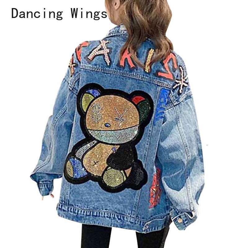 Women Streetwear Fashion Beading Cartoon Bear Denim Jacket Pocket Lapel Loose Long Sleeve Print Jeans Coat Female