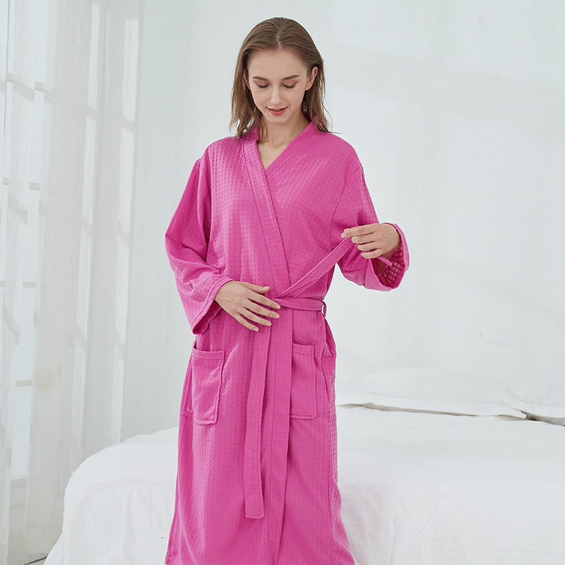 Couples Spring Autumn Waffle Bathrobe Pamas For Women And Men With Waistband Pockets Nightrobe Long Sleeve V-Neck Solid Loose