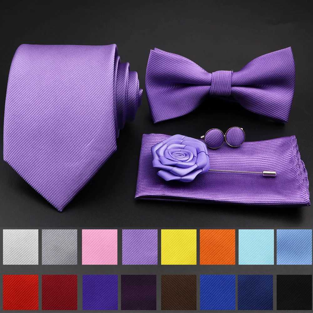 New Solid Color Striped Men Tie Set Polter Jacquard Woven Necktie Bowtie Suit Vintage Red For Gro Business Wedding Party Y240925