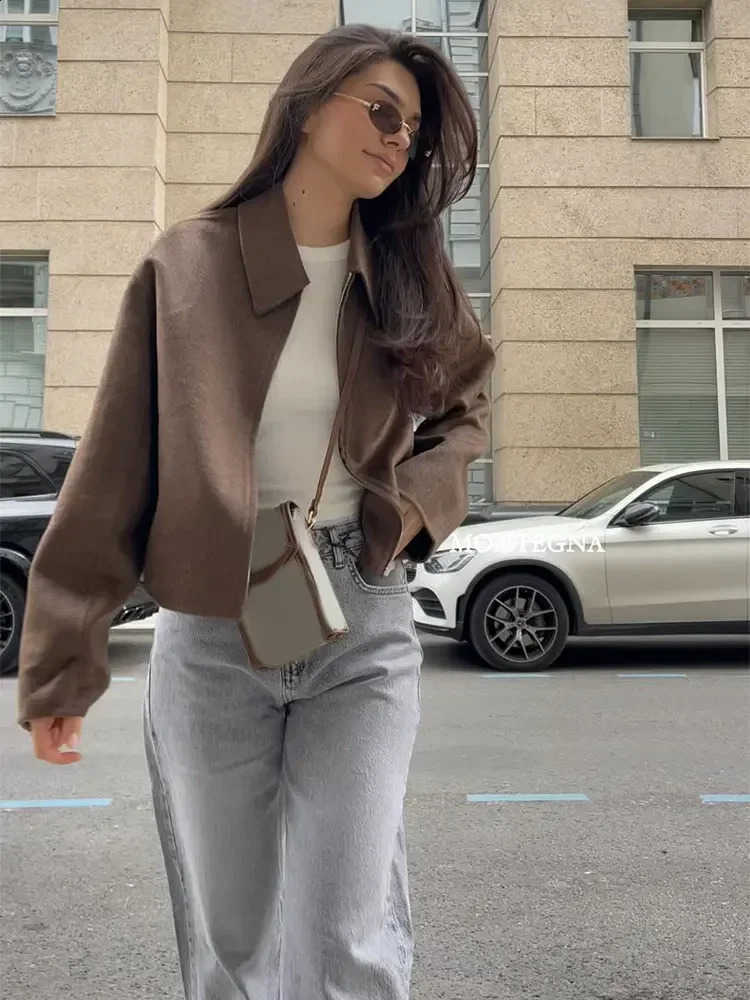 Womens retro brown short wool blend jacket elegant lapel long sleeved zipper cut fashionable autumn womens street 240924