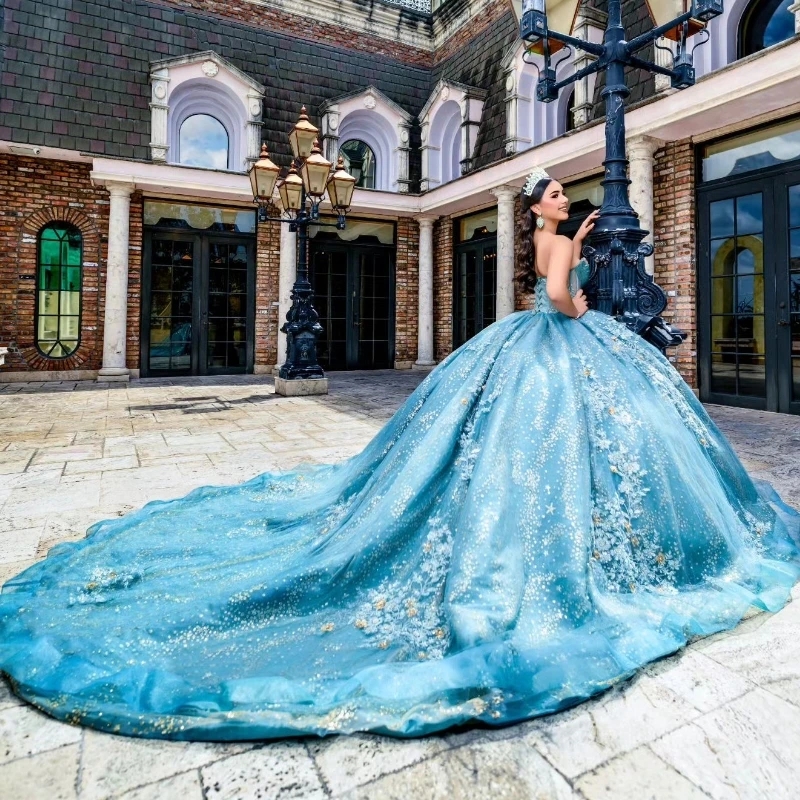 Sparkly Water Blue Ball Gown Quinceanera Dresses Sweetheart Applique Lace Bead Crystal Tull Birthday Party Sweet 16 Vestidos De 15 Anos