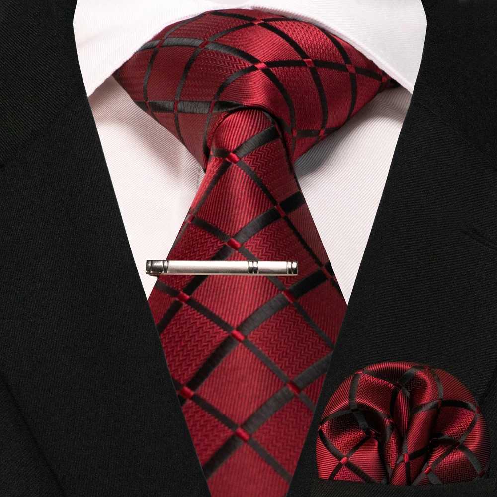 JEMYGINS New Fashion Black Plaid Mens Tie 8cm Silk Business Necktie Handkerchief Tie clips set Wedding Party Tie Gift For Men X250407