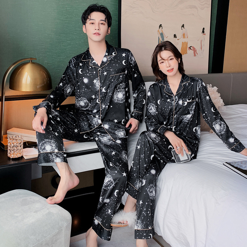 Couple Women Men Galaxy Star Moon Printed Satin Long Sleeve Pants Sleepwear 2 Pcs Lovers Female Pamas Pyjamas Homewear