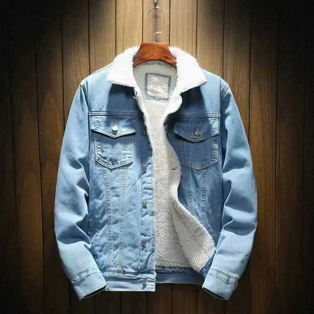 Mens denim jacket with thick cashmere lining solid color cold resistant jacket winter single chest denim jacket Y240925