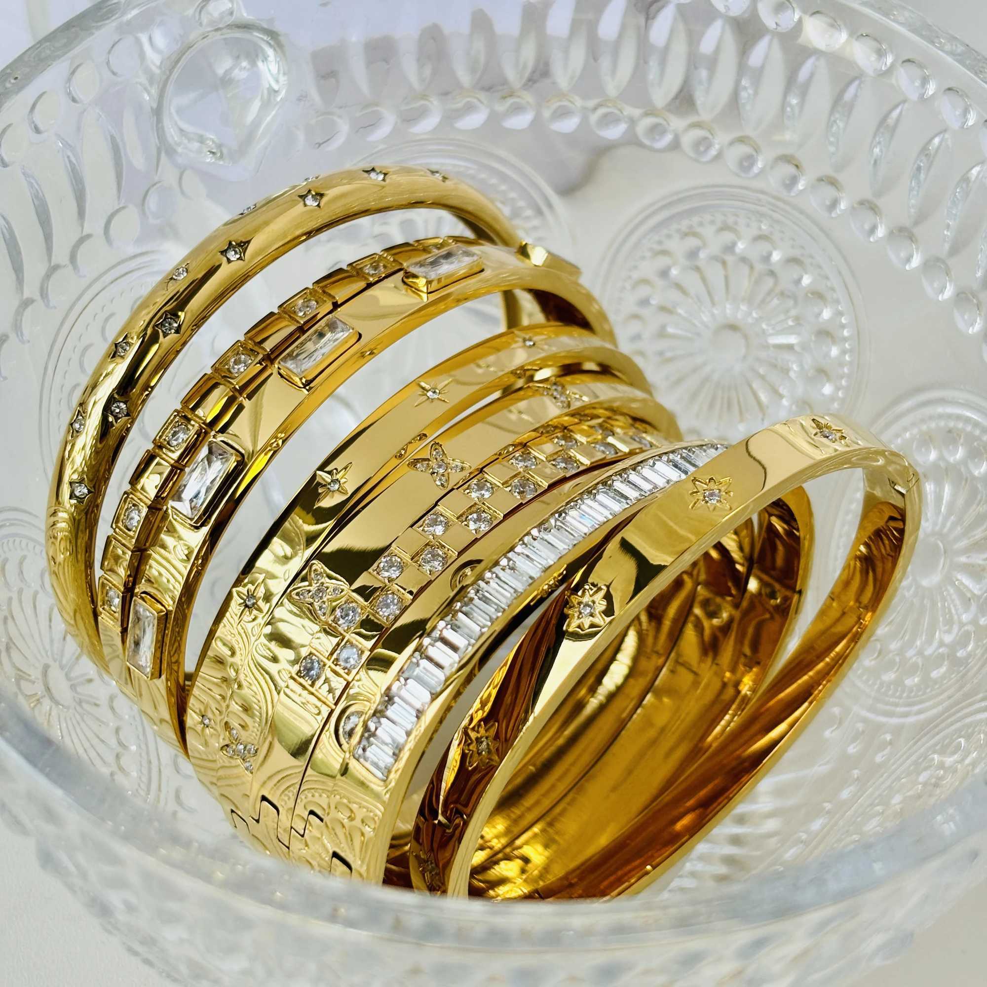 Waterproof Luxury Colorful Cubic Zirconia Bangles Stainless Steel Open Bracelet Bangle 18k Plated Fashion Jewelry WomenX240925