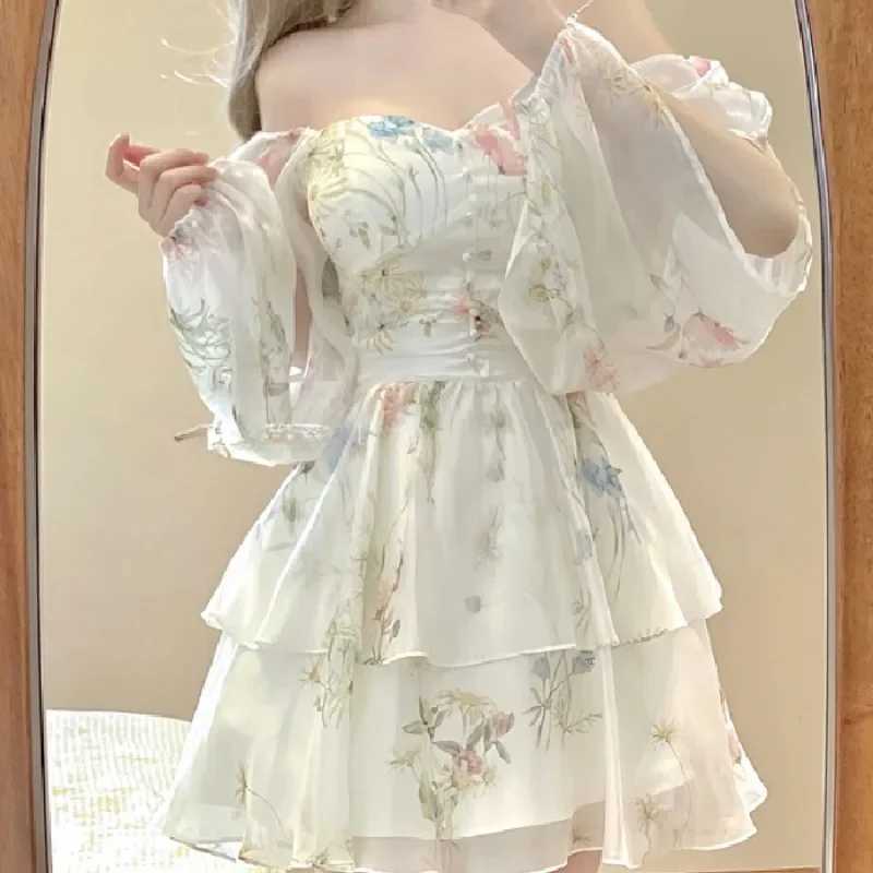 French Elegant Floral Mini Dress Chiffon Long Sleeve Evening Party Dress Women Holiday Beach Boho Fairy Dress Korean Y2k M240924