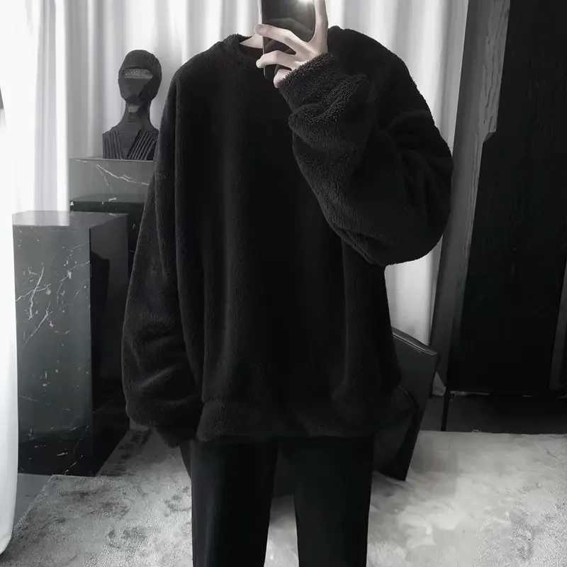 Autumn Winter Dull Black Sheep Velvet Sweatshirt Loose Fit Round Neck Student Couple Look Fleece Lined Thickened Jacket TrendyX240925