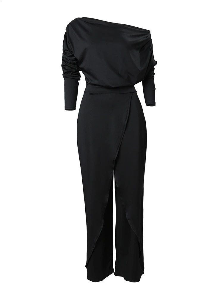 Elegant Jumpsuits for Women 2024 Spring Plain Office Lady Loose Ruched Cold Shoulder Split Hem Wide Leg Jumpsuit