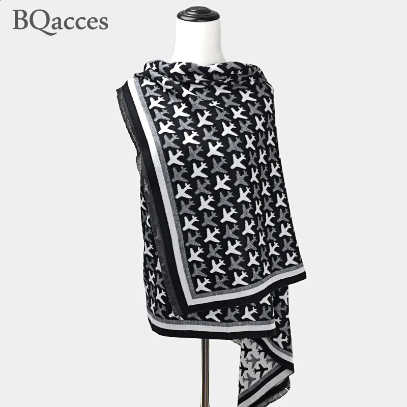 ly arrived womens black and white airplane cashmere Pashmina scarf womens winter warm wool scarf high-quality shawl 240924