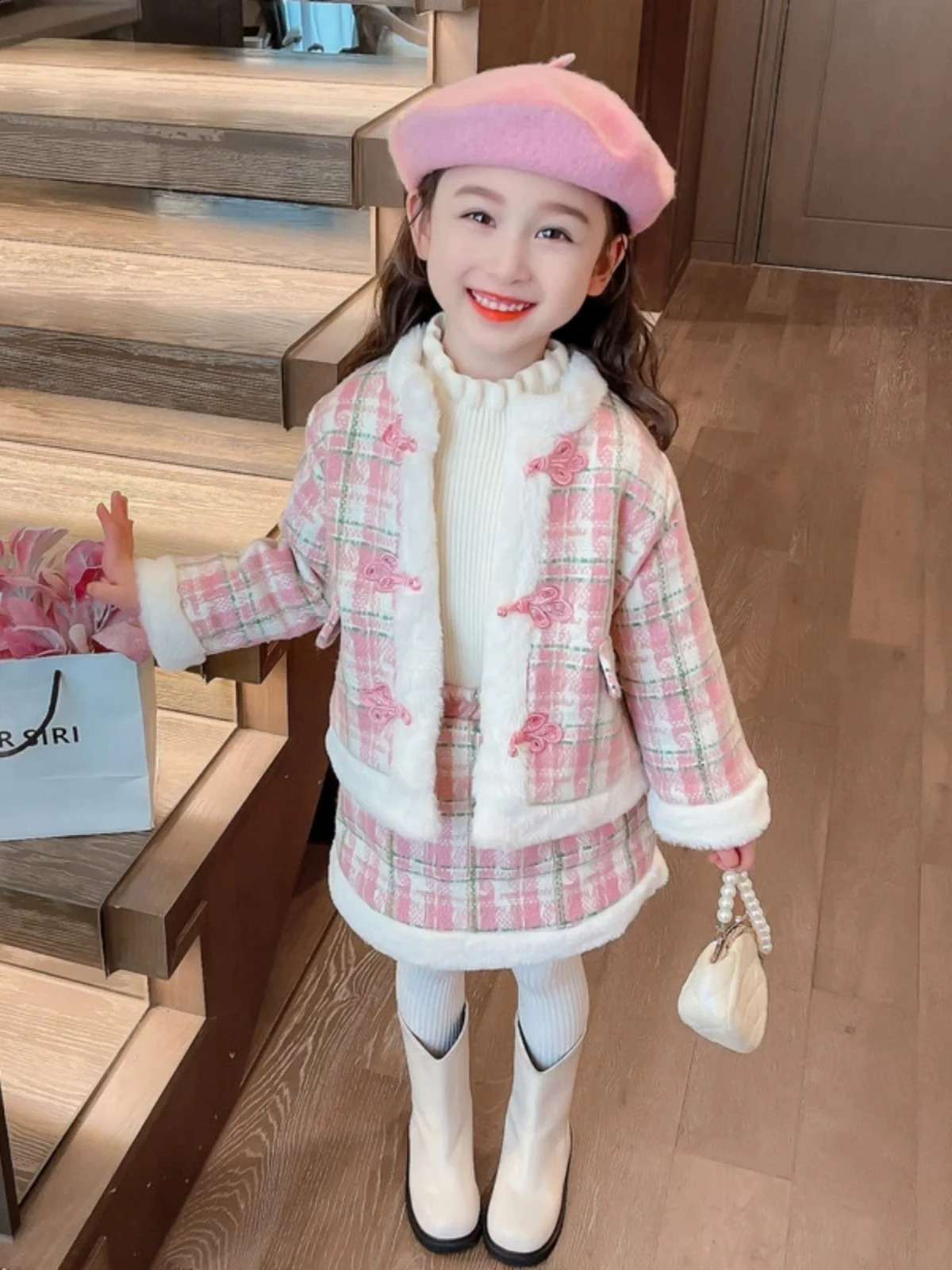 Kids 2pcs Tweed Clothes Set Girls Fashion Spring Winter Children Plush JacketDress For 1-8 Years Elegant Sweet Outfit XMP594 240913