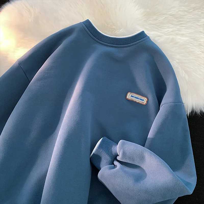 Autumn Winter Mens Fake Two-piece Long Sleeve Hoodies Round Neck Casual Hooded Sweatshirt Men Streetwear Hip Hop Loose PulloverX240925