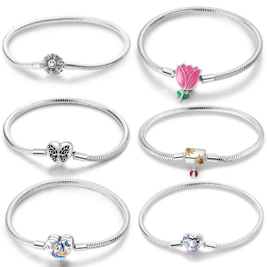 Sunflower Snake silver bracelets 925 Sterling Silver Heart Butterfly Bracelets with Sunflower Ladybug Fit Originals Charms beads DIY For Women Jewelry Gifts